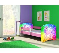 ACMA lit d'adolescent lit d'enfant lit junior set complet avec matelas sommier à lattes et protection antichute rose 18 poney arc-en-ciel 180x80