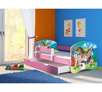 ACMA lit d'adolescent lit d'enfant lit junior set complet avec matelas sommier à lattes et protection contre les chutes rose 34 ferme 180x80 + coffre de lit