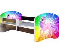 ACMA lit d'adolescent lit d'enfant lit junior set complet avec matelas sommier à lattes et protection contre les chutes wengé 18 poney arc-en-ciel 180x80