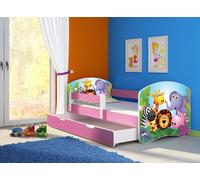 ACMA Lit d'adolescent Lit d'enfant Lit junior Set complet avec matelas Sommier à lattes et protection antichute Rose 01 Zoo 180x80 + coffre de lit