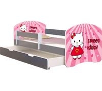 ACMA Lit d'adolescent Lit d'enfant Lit junior Set complet avec matelas Sommier à lattes et protection antichute Gris 15 Sweet Kitty 180x80 + coffre de lit