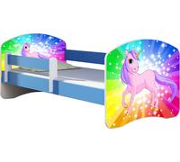 ACMA lit d'adolescent lit d'enfant lit junior set complet avec matelas sommier à lattes et protection antichute bleu 18 poney arc-en-ciel 160x80