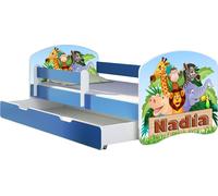 ACMA lit d'adolescent lit d'enfant lit junior set complet avec matelas sommier à lattes et protection antichute bleu 02 Animals Name 180x80 + coffre de lit