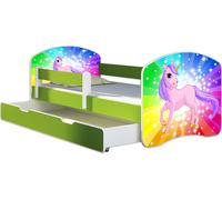 ACMA lit d'adolescent lit d'enfant lit junior set complet avec matelas sommier à lattes et protection antichute vert 18 poney arc-en-ciel 140x70 + coffre de lit