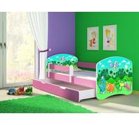 ACMA lit d'adolescent lit d'enfant lit junior set complet avec matelas sommier à lattes et protection antichute rose 30 Dino 180x80 + coffre de lit