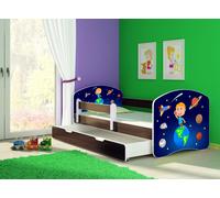 ACMA lit d'adolescent lit d'enfant lit junior set complet avec matelas sommier à lattes et protection contre les chutes wengé 22 Kosmos 140x70 + coffre de lit