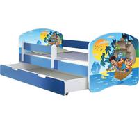 ACMA lit d'adolescent lit d'enfant lit junior set complet avec matelas sommier à lattes et protection antichute bleu 21 pirates 180x80 + coffre de lit