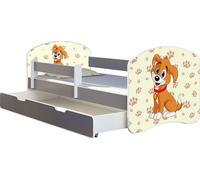 ACMA lit d'adolescent lit d'enfant lit junior set complet avec matelas sommier à lattes et protection antichute Gris 11 chiot 160x80 + coffre de lit