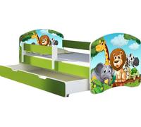 ACMA lit d'adolescent lit d'enfant lit junior set complet avec matelas sommier à lattes et protection antichute vert 02 Animals 140x70 + coffre de lit