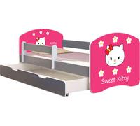 ACMA Lit d'adolescent Lit d'enfant Lit junior Set complet avec matelas Sommier à lattes et protection antichute Gris 16 Sweet Kitty 2 180x80 + coffre de lit