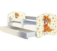 ACMA lit d'adolescent lit d'enfant lit junior set complet avec matelas sommier à lattes et protection antichute blanc 11 chiot 160x80 + coffre de lit
