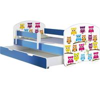 ACMA lit d'adolescent lit d'enfant lit junior set complet avec matelas sommier à lattes et protection antichute bleu 31 hibou 140x70 + coffre de lit