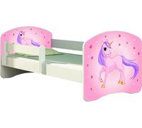ACMA lit d'adolescent lit d'enfant lit junior set complet avec matelas sommier à lattes et protection antichute blanc 17 poney 140x70