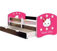 ACMA lit d'adolescent lit d'enfant lit junior set complet avec matelas sommier à lattes et protection contre les chutes wengé 16 Sweet Kitty 2 180x80 + coffre de lit