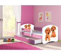 ACMA lit d'adolescent lit d'enfant lit junior set complet avec matelas sommier à lattes et protection antichute rose 39 chiots 180x80 + coffre de lit