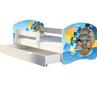 ACMA lit d'adolescent lit d'enfant lit junior set complet avec matelas sommier à lattes et protection antichute blanc 21 pirates 140x70 + coffre de lit