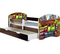ACMA lit d'adolescent lit d'enfant lit junior set complet avec matelas sommier à lattes et protection contre les chutes wengé 44 locomotive 180x80 + coffre de lit