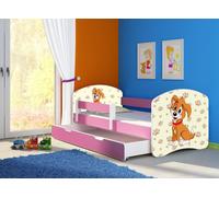 ACMA lit d'adolescent lit d'enfant lit junior set complet avec matelas sommier à lattes et protection antichute rose 11 chiot 140x70 + coffre de lit