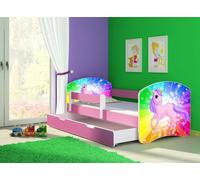 ACMA lit d'adolescent lit d'enfant lit junior set complet avec matelas sommier à lattes et protection antichute rose 18 poney arc-en-ciel 180x80 + coffre de lit