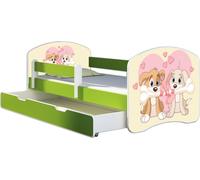 ACMA lit d'adolescent lit d'enfant lit junior set complet avec matelas sommier à lattes et protection antichute vert 12 chiots 160x80 + coffre de lit