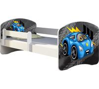 ACMA lit d'adolescent lit d'enfant lit junior set complet avec matelas sommier à lattes et protection antichute blanc 05 bleu voiture 180x80