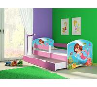 ACMA lit d'adolescent lit d'enfant lit junior set complet avec matelas sommier à lattes et protection antichute rose 09 sirène 160x80 + coffre de lit