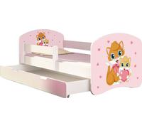 ACMA lit d'adolescent lit d'enfant lit junior set complet avec matelas sommier à lattes et protection antichute blanc 33 chatons 160x80 + coffre de lit