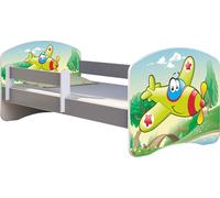 ACMA lit d'adolescent lit d'enfant lit junior set complet avec matelas sommier à lattes et protection antichute gris 29 avion 160x80