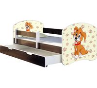 ACMA lit d'adolescent lit d'enfant lit junior set complet avec matelas sommier à lattes et protection contre les chutes wengé 11 chiot 160x80 + coffre de lit
