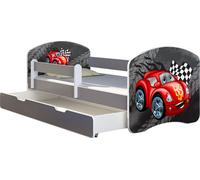 ACMA lit d'adolescent lit d'enfant lit junior set complet avec matelas sommier à lattes et protection antichute gris 05 voiture grise 140x70 + coffre de lit