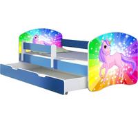 ACMA lit d'adolescent lit d'enfant lit junior set complet avec matelas sommier à lattes et protection antichute bleu 18 poney arc-en-ciel 160x80 + coffre de lit