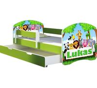 ACMA lit d'adolescent lit d'enfant lit junior set complet avec matelas sommier à lattes et protection antichute vert 01 Zoo Nom 140x70 + coffre de lit