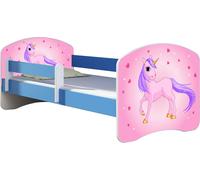ACMA lit d'adolescent lit d'enfant lit junior set complet avec matelas sommier à lattes et protection antichute bleu 17 poney 180x80