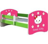 ACMA lit d'adolescent lit d'enfant lit junior set complet avec matelas sommier à lattes et protection contre les chutes vert 16 Sweet Kitty 2 180x80