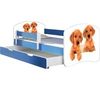 ACMA lit d'adolescent lit d'enfant lit junior set complet avec matelas sommier à lattes et protection antichute bleu 39 chiots 140x70 + coffre de lit