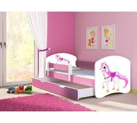 ACMA Lit d'adolescent Lit d'enfant Lit junior Set complet avec matelas Sommier à lattes et protection antichute Rose 43 Petit cheval 180x80 + coffre de lit
