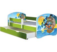 ACMA lit d'adolescent lit d'enfant lit junior set complet avec matelas sommier à lattes et protection contre les chutes vert 21 pirates 180x80 + coffre de lit