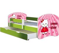 ACMA lit d'adolescent lit d'enfant lit junior set complet avec matelas sommier à lattes et protection antichute vert 15 Sweet Kitty 160x80 + coffre de lit