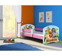 ACMA lit d'adolescent lit d'enfant lit junior set complet avec matelas sommier à lattes et protection antichute rose 02 Animals Name 140x70