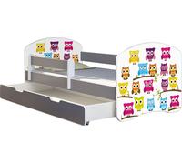 ACMA Lit d'adolescent Lit d'enfant Lit junior Set complet avec matelas Sommier à lattes et protection antichute Gris 31 Chouette 140x70 + coffre de lit