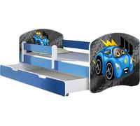 ACMA lit d'adolescent lit d'enfant lit junior set complet avec matelas sommier à lattes et protection antichute bleu 04 voiture rouge 180x80 + coffre de lit