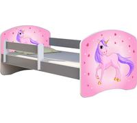 ACMA lit d'adolescent lit d'enfant lit junior set complet avec matelas sommier à lattes et protection antichute gris 17 poney 140x70