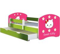 ACMA lit d'adolescent lit d'enfant lit junior set complet avec matelas sommier à lattes et protection antichute vert 16 Sweet Kitty 2 180x80 + coffre de lit