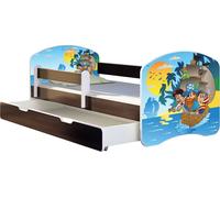 ACMA lit d'adolescent lit d'enfant lit junior set complet avec matelas sommier à lattes et protection contre les chutes wengé 21 pirates 160x80 + coffre de lit
