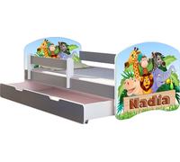 ACMA lit d'adolescent lit d'enfant lit junior set complet avec matelas sommier à lattes et protection antichute Gris 02 Animals Name 180x80 + coffre de lit