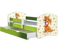 ACMA lit d'adolescent lit d'enfant lit junior set complet avec matelas sommier à lattes et protection antichute vert 11 chiot 140x70 + coffre de lit