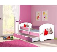 ACMA lit d'adolescent lit d'enfant lit junior set complet avec matelas sommier à lattes et protection contre les chutes rose 40 chat avec cœur 140x70 + coffre de lit