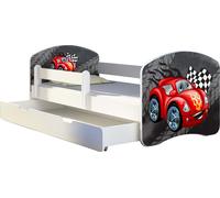 ACMA lit d'adolescent lit d'enfant lit junior set complet avec matelas sommier à lattes et protection antichute blanc 04 voiture rouge 140x70 + coffre de lit