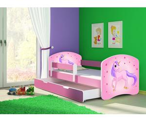 ACMA lit d'adolescent lit d'enfant lit junior set complet avec matelas sommier à lattes et protection antichute rose 17 poney 180x80 + coffre de lit