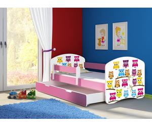 ACMA lit d'adolescent lit d'enfant lit junior set complet avec matelas sommier à lattes et protection antichute rose 31 hibou 160x80 + coffre de lit